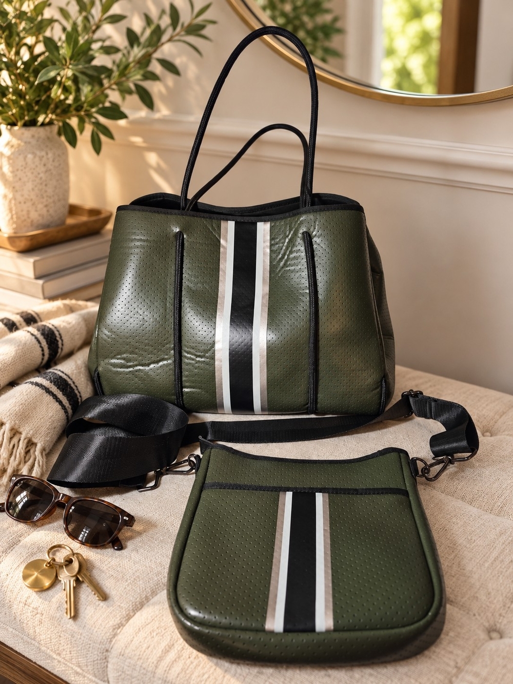 Haute Shore Olive Green Tote Bag Set With Crossbody Pouch